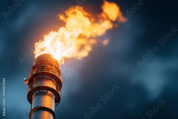 Obraz Intense Flame Erupting from Industrial Oil Refinery Stack