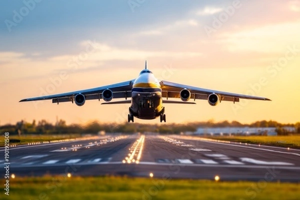Obraz Cargo Aircraft Taking Off at Sunset with Maximum Load