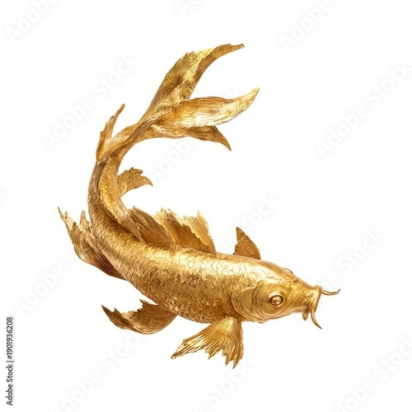 Obraz Golden fish swimming gracefully, white isolate background.