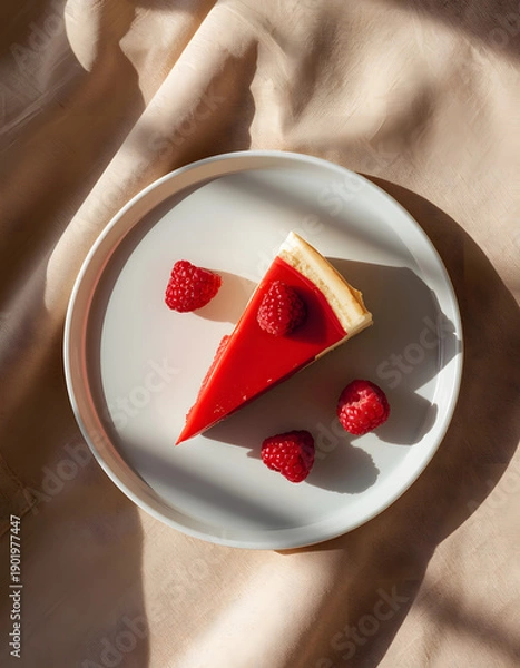 Obraz Raspberry Cheesecake Slice on White Plate Minimal Dessert Flat Lay