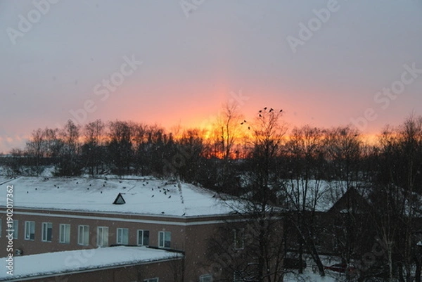 Obraz bright winter sunset, view from the window,