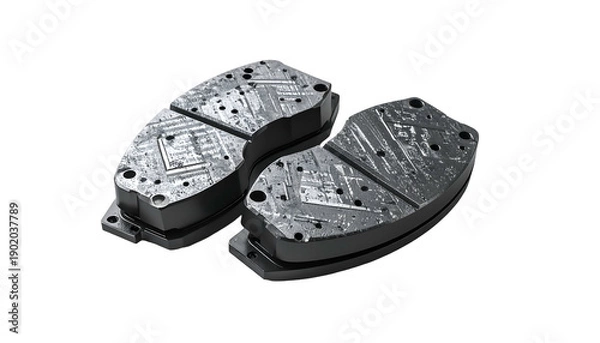 Obraz Two dark gray metallic objects with textured surfaces, possibly molds or components