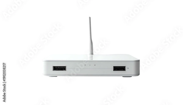 Obraz White rectangular electronic device with an antenna, ports, and indicator lights