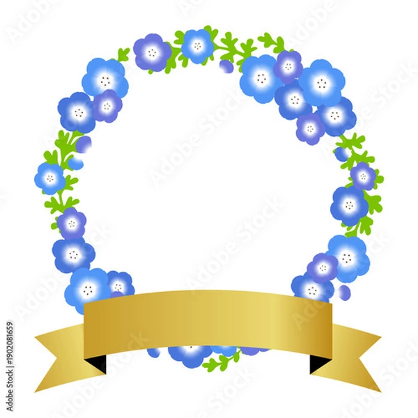 Obraz ネモフィラの花のリースとリボンのベクターイラストレーション。