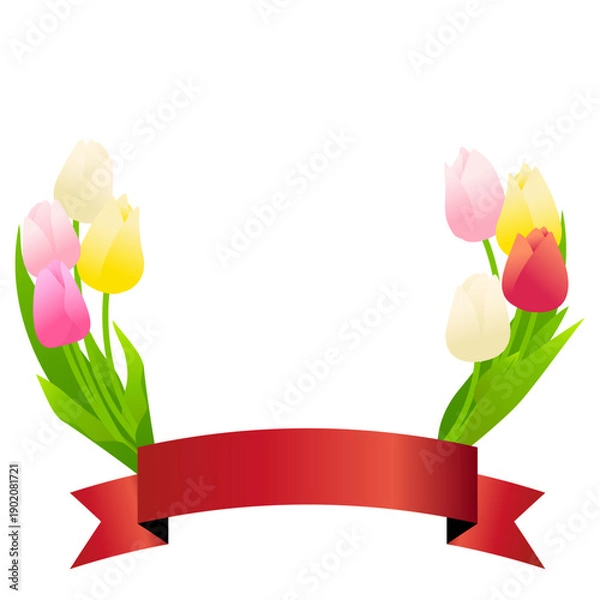 Obraz チューリップの花のリースとリボンのベクターイラストレーション。