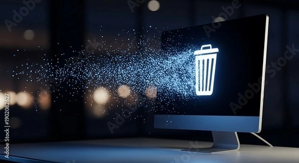 Obraz Digital Data Deletion Concept - Computer Screen Shows Trash Icon Dissolving into Pixels.