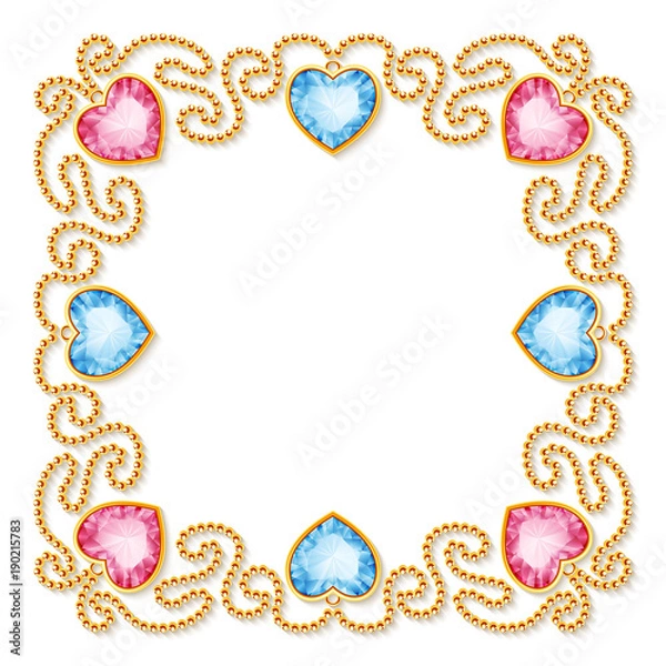 Obraz Decorative frame with golden chains and gemstones. Luxury invitation or greeting card template. Vector Illustration.