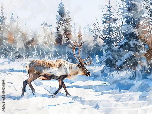 Obraz Reindeer Walking Through Snowy Forest