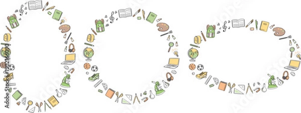 Fototapeta 学校生活の文房具や学用品　線画イラストの丸フレームセット　黄色・緑色