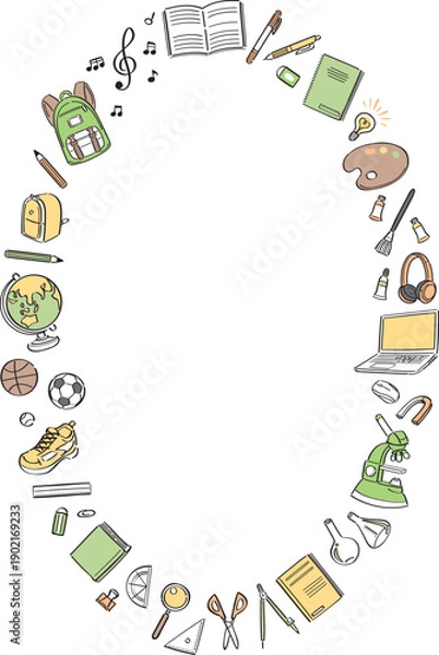 Fototapeta 学校生活の文房具や学用品　線画イラストの丸フレーム　縦長　黄色・緑色