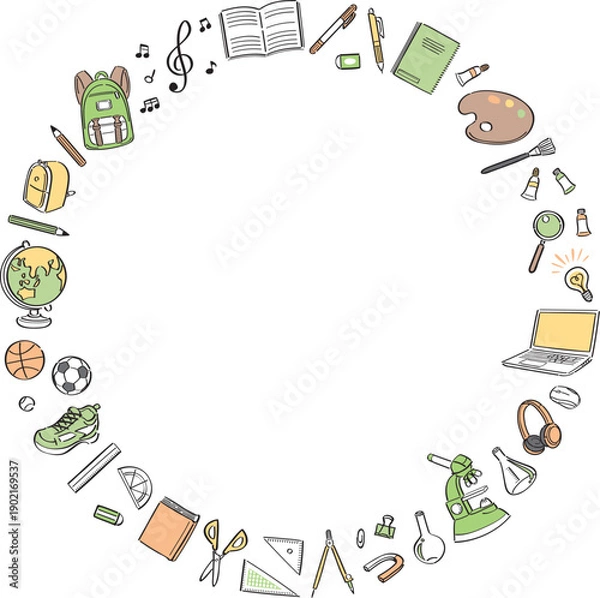 Fototapeta 学校生活の文房具や学用品　線画イラストの丸フレーム　黄色・緑色