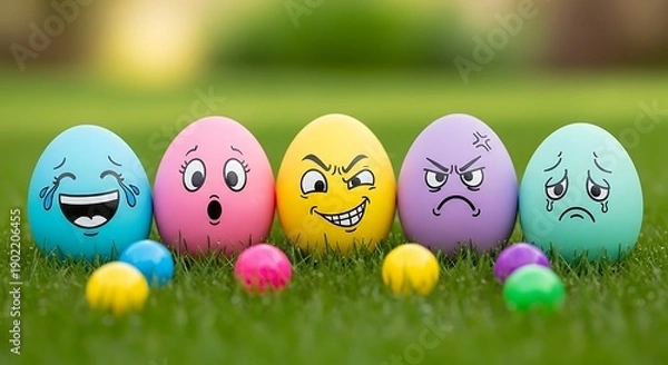 Obraz Colorful Easter Eggs with Funny Faces in Green Grass.