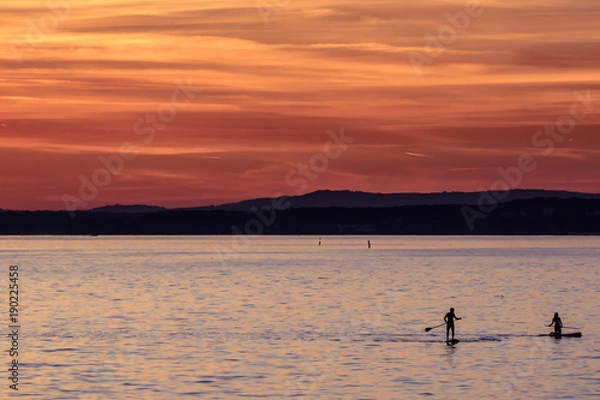 Fototapeta Couple paddleboarding into the August sunset, Bodensee, Germany