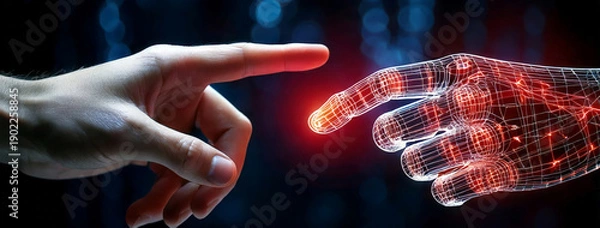 Obraz Human hand touching a robotic hand generating a bright light