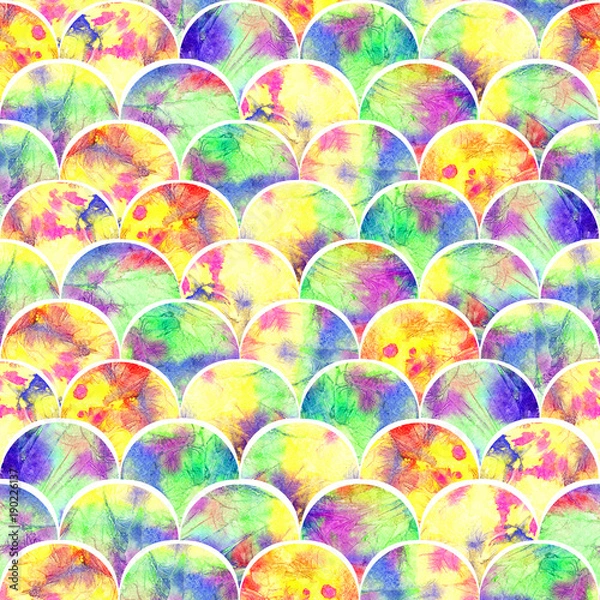 Fototapeta Bright scales shapes abstract grunge colorful splashes texture watercolor seamless pattern design in yellow color palette with red, green and blue accents