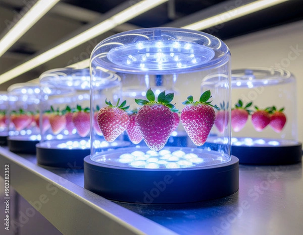 Obraz 植物工場でLED照明を浴びてカプセルの中で育つ未来のイチゴ