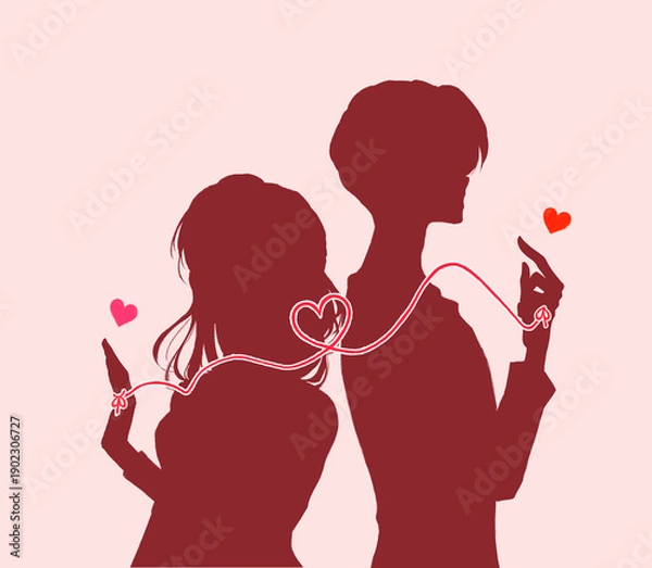 Obraz 運命の赤い糸で結ばれた背中合わせの男女　シルエット