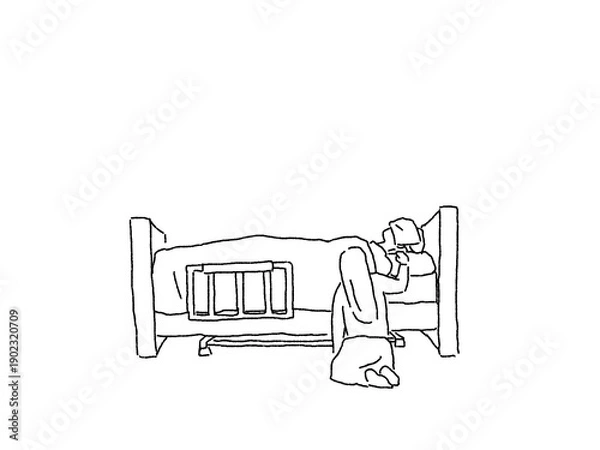 Obraz 介護、福祉のイラスト（看取り、臨終）、線画、