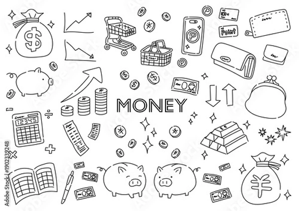 Obraz お金に関係するものの手描きイラストセット