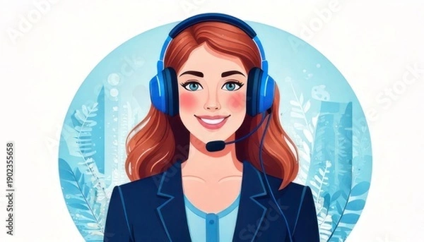 Obraz Smiling Customer Service Representative with Headset in Office.