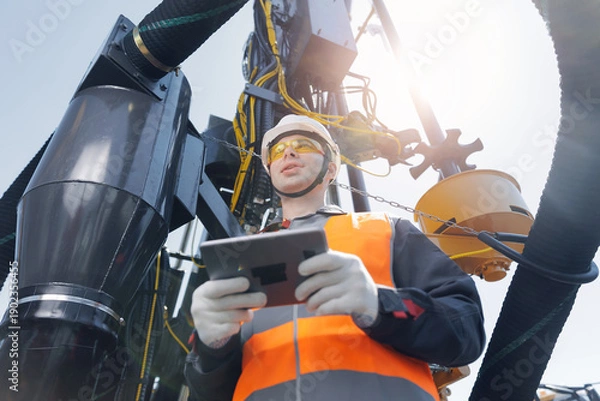 Obraz Industry operator young man use computer tablet for control rig platform for drilling