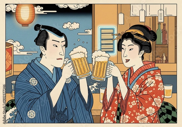 Obraz イラスト：仕事帰りの一杯を楽しむ侍と町娘の晩酌