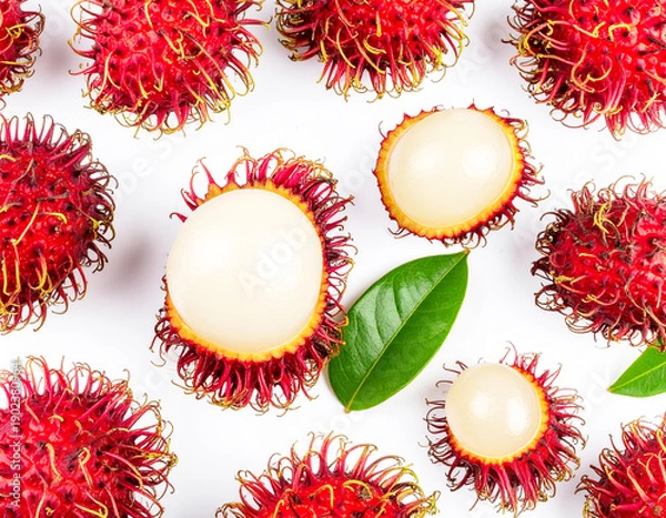 Obraz Raw rambutans, white background, top view. AI