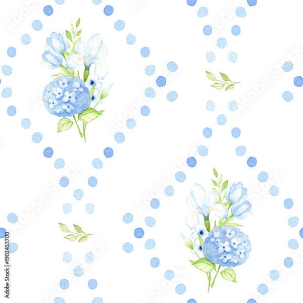 Obraz Watercolor Hydrangea and Iris Dotted Seamless Pattern