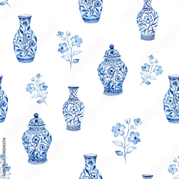 Obraz Blue Ceramic Vase Watercolor Seamless Pattern