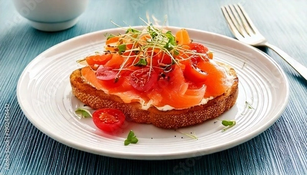 Obraz スモークサーモンとチェリートマトのオープンサンド