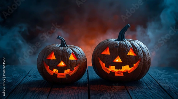 Obraz Two jack-o'-lanterns on a wooden surface