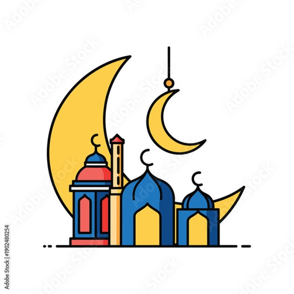 Obraz Ramadan Mosque with Crescent Moon Flat Design Vector Illustration