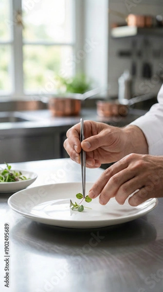 Obraz Chef Plating Delicate Dish with Tweezers