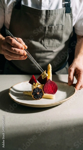 Obraz Chef Arranging Vegetable Plate with Fork