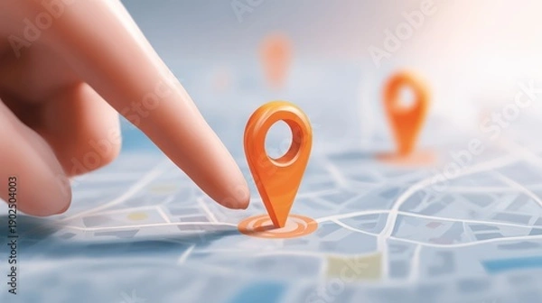 Obraz Finger pointing at map location pin on digital map