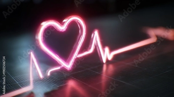 Obraz Neon heart with electrocardiogram line