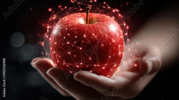 Obraz Red apple with glowing network in hand