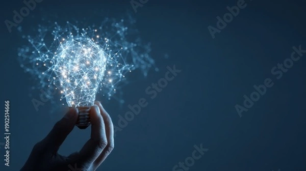 Obraz Hand holding glowing digital light bulb with network