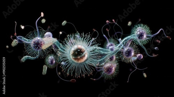 Obraz Microscopic organisms and viral particles 3d render
