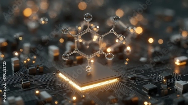 Obraz Futuristic molecule on glowing computer chip