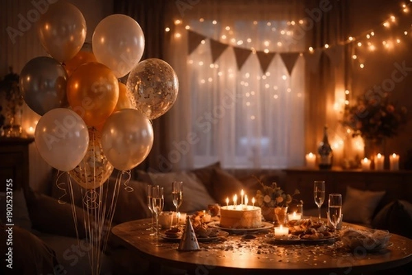 Obraz Romantic Evening Table Setup with Balloons, Candles, and Warm String Lights