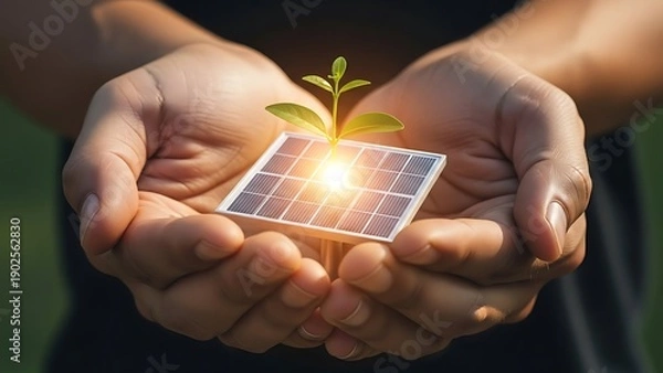 Obraz Hands Holding Solar Panel with Sprouting Plant.