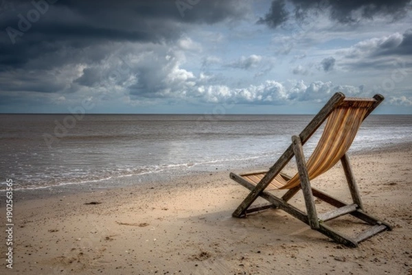 Obraz Empty Beach Chair Facing Cloudy Sea Before Visitors Arrive