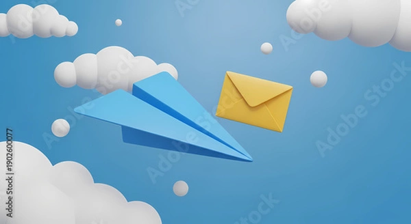 Obraz 青い紙飛行機と黄色い封筒が浮かぶ空の景色