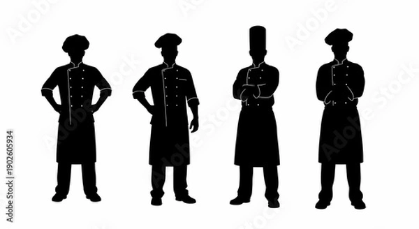 Obraz 静かに並ぶ料理人のシルエット、白背景で黒い優雅さ