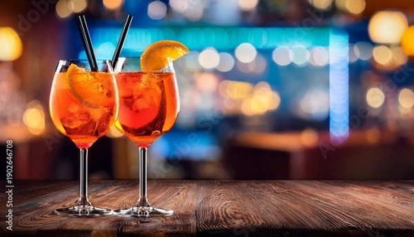 Obraz Two Aperol Spritz And A Blurred Bar Background