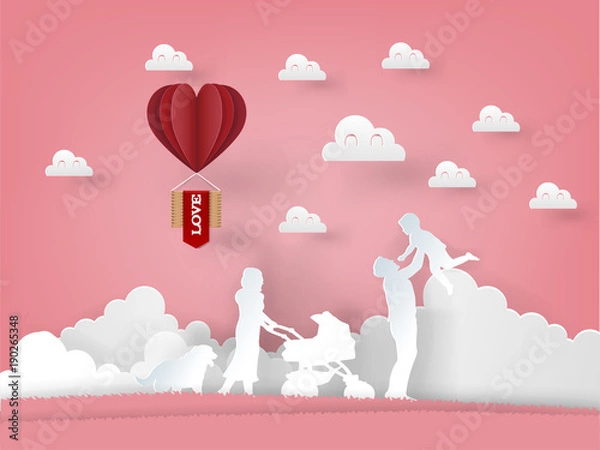 Fototapeta illustration vector of paper art origami family consist of father, mother, childs and dog with heart balloon on pink background, graphic design concept of valentine's day