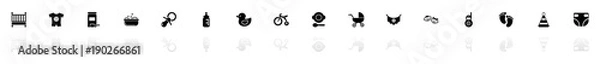 Fototapeta Baby icons - Black horizontal Illustration symbol on White Background with a mirror Shadow reflection. Flat Vector Icon.