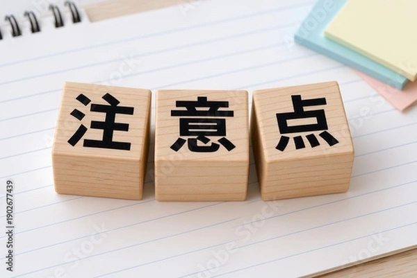 Obraz ノートの上に並べた木製ブロックで注意点や重要事項を分かりやすく示す確認イメージ
