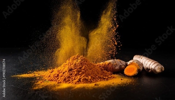 Obraz Exploding Turmeric Root And Slices With Powder Against Black Background